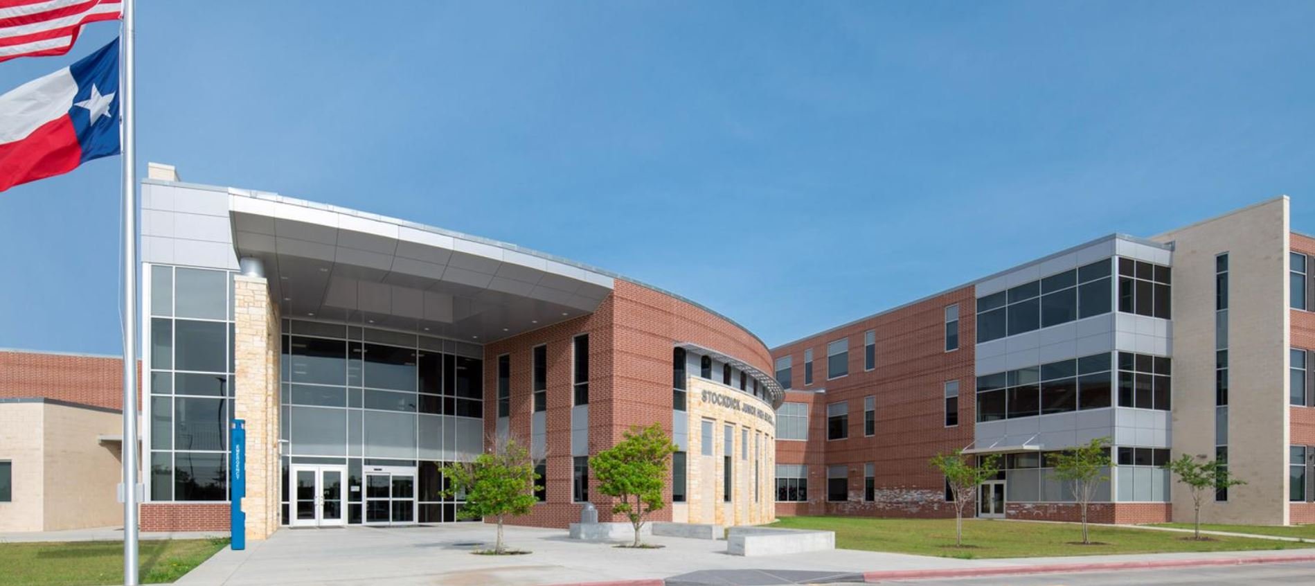 Katy ISD - Stockdick Junior High SchoolStockdick Junior High School is a 189,900 SF, three-story building on a 32 acre site.  Construction elements include slab on grade, steel frame, modified bitumen and standing seam roofing, porcelain tile, terrazzo and LVT flooring.  The exterior is clad with face brick, natural stone and metal panels.  The facility includes classrooms, wood floor gymnasium, science laboratories, food service, administration and fine arts areas.  On site improvements include concrete paving, covered walkways, site utilities, athletic fields, running track and tennis courts.Back to Portfolio